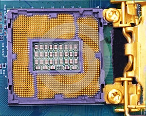 Image of a CPU socket on a computer motherboard
