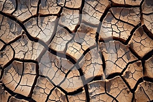 Image of cracked dry land, representing drought and climate change, lack of water and rain. Generative AI