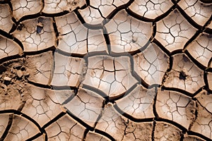 Image of cracked dry land, representing drought and climate change, lack of water and rain. Generative AI