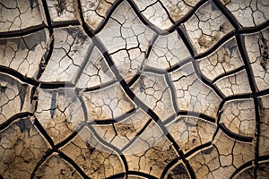 Image of cracked dry land, representing drought and climate change, lack of water and rain. Generative AI