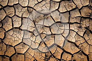 Image of cracked dry land, representing drought and climate change, lack of water and rain. Generative AI