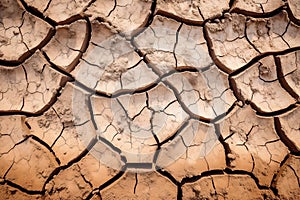 Image of cracked dry land, representing drought and climate change, lack of water and rain. Generative AI