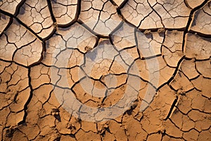 Image of cracked dry land, representing drought and climate change, lack of water and rain. Generative AI