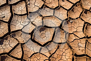 Image of cracked dry land, representing drought and climate change, lack of water and rain. Generative AI