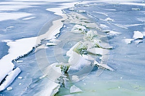 Image of cracks in ice on frozen river.