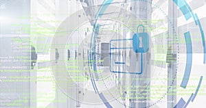 Image of credit card icon over data processing and server room