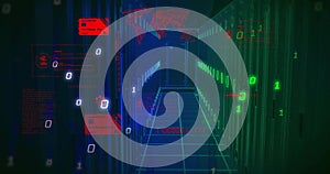 Image of credit cards binary coding and data processing over computer servers