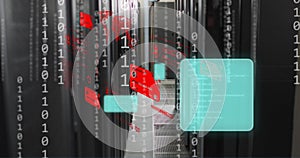 Image of credit cards, binary coding and data processing over computer servers