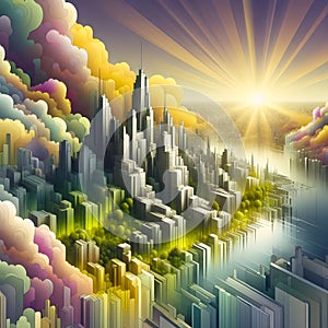 image of crepuscular rays over a biomorphic abstraction cityscape of ephemeral architectural landscape. photo