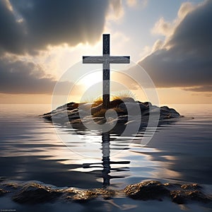 image of a cross incorporated into a tranquil seascape trending on artstation