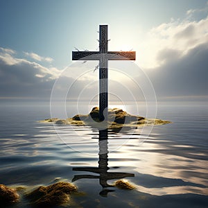 image of a cross incorporated into a tranquil seascape trending on artstation