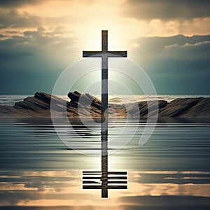 image of a cross incorporated into a tranquil seascape trending on artstation