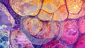 An image of a cross section of a mouse lung tissue showing a complex network of interconnected air sacs and vessels. .