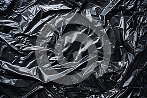 Image of Crumpled sheet of black polythene plastic wrap. Texture for background usage