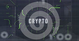 Image of crypto text and binary codes with circuit board pattern over data serve room