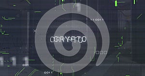 Image of crypto text and binary codes with circuit board pattern over data serve room