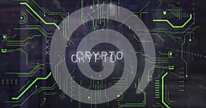 Image of crypto text and binary codes with circuit board pattern over data serve room
