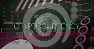 Image of cryptocurrency text, statistics and data processing