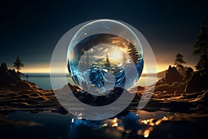 an image of a crystal ball sitting on a rock in the middle of a lake