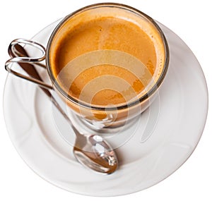 Image of cup of fresh coffee cortado on white