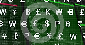 Image of currency symbols over data processing on green background