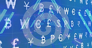 Image of currency symbols over neon tunnel