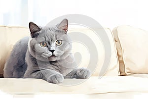 Image of cute british shorthair cat lying on sofa. Pet. animals. Illustration, Generative AI