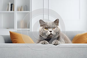 Image of cute british shorthair cat lying on sofa. Pet. animals. Illustration, Generative AI