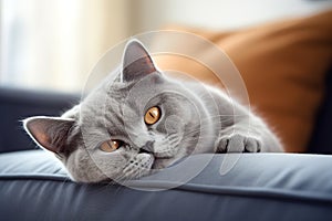 Image of cute british shorthair cat lying on sofa. Pet. animals. Illustration, Generative AI