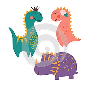 Image of cute, cartoon dinosaurs, flat style