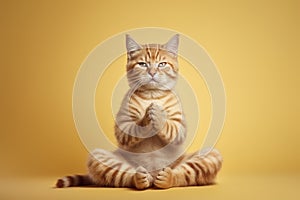 Image of cute cat doing yoga on clean background. Pet, Animals, Illustration, Generative AI