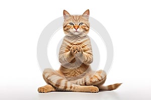 Image of cute cat doing yoga on white background. Pet, Animals, Illustration, Generative AI