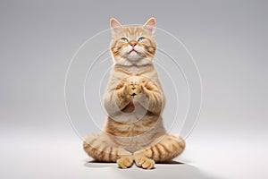 Image of cute cat doing yoga on white background. Pet, Animals, Illustration, Generative AI