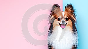 Image with cute fluffy dog papillon on pink and blue background photo