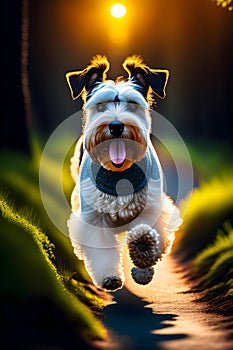 image of the cute happy domestic dog loitering at the park during golden hour.