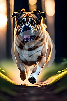 image of the cute happy domestic dog loitering at the park during golden hour.