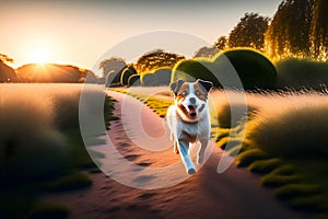 image of the cute happy domestic dog loitering at the park during golden hour.