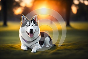 image of the cute happy domestic dog loitering at the park during golden hour.