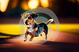 image of the cute happy domestic dog loitering at the park during golden hour.