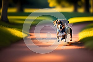 image of the cute happy domestic dog loitering at the park during golden hour.