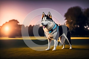 image of the cute happy domestic dog loitering at the park during golden hour.