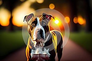 image of the cute happy domestic dog loitering at the park during golden hour.