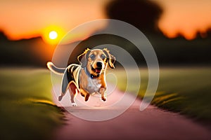 image of the cute happy domestic dog loitering at the park during golden hour.