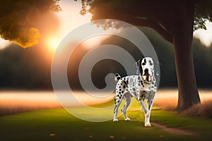 image of the cute happy domestic dog loitering at the park during golden hour.