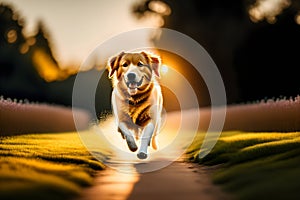 image of the cute happy domestic dog loitering at the park during golden hour.