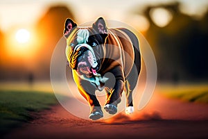 image of the cute happy domestic dog loitering at the park during golden hour.