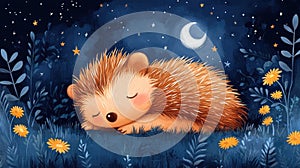 Image of a Cute Hedgehog Sleeping in the Night Under the Moon and Stars