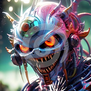image of a cute horror robotic cyborg with maniacal smile and glowing eyes.