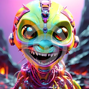 image of a cute horror robotic cyborg with maniacal smile and glowing eyes.