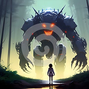 image of a cute horror robotic cyborg with maniacal smile and glowing eyes.